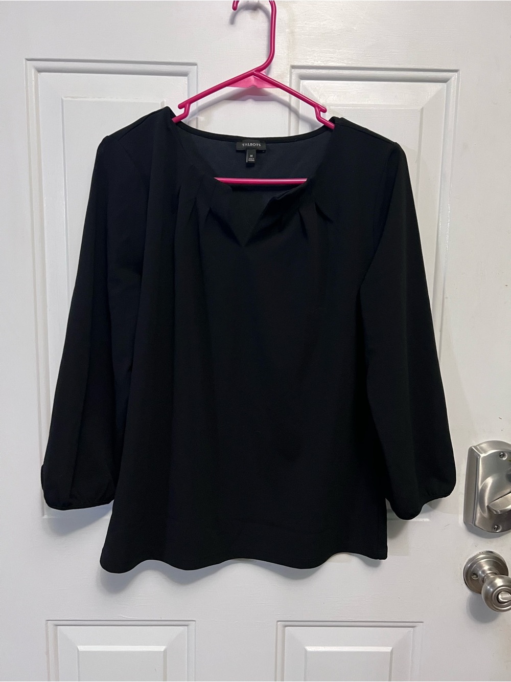 Talbots Black Pleated Neckline Blouse 3/4 Sleeve Stretch Pullover Women’s M